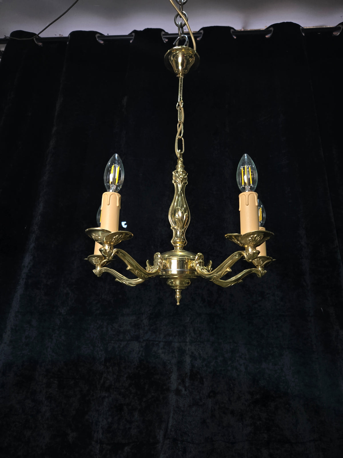 Classic Vintage 5 Arm Polished Brass Art Nouveau Style Chandelier Ceiling Light