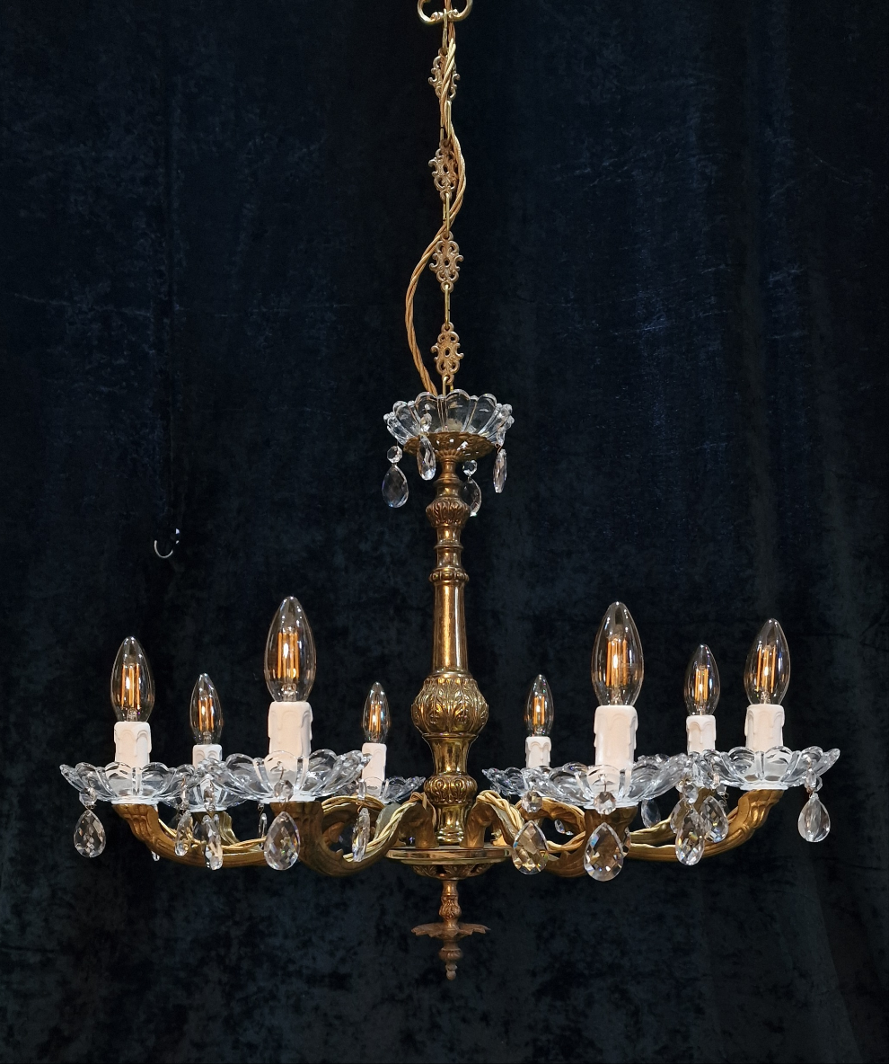 Gorgeous Vintage French Heavy Brass 8 Arm Crystal Chandelier Ceiling Light