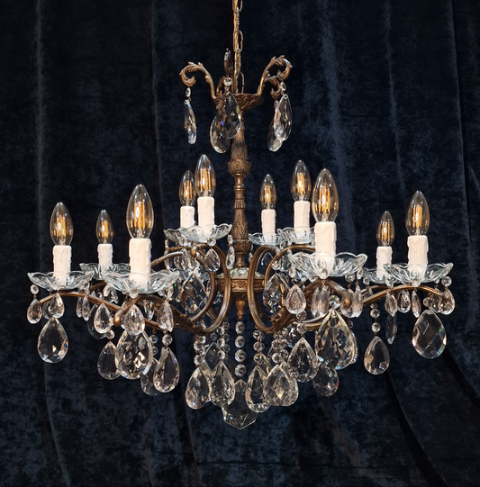 Fabulous Vintage Italian 8 Arm 12 Light 2 Tier Crystal Brass Leaf Chandelier