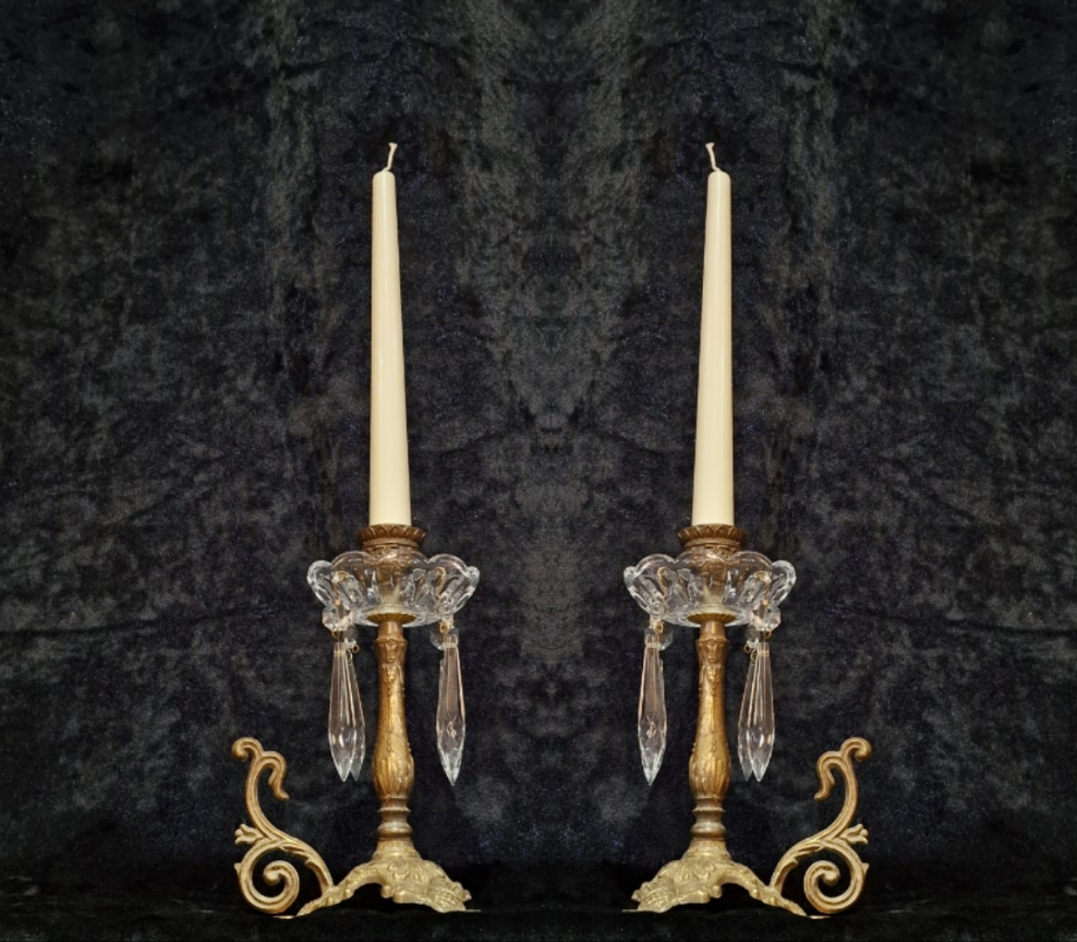 Lovely Pair of Elegant Vintage Italian Brass and Glass Crystal Candlesticks