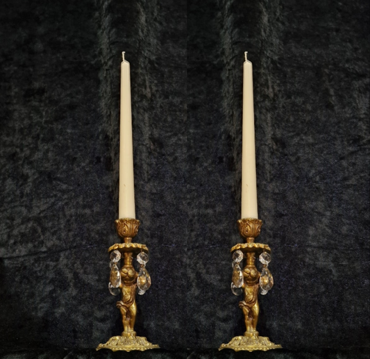 Lovely Pair of Vintage French Solid Brass Crystal Cherub Candlesticks