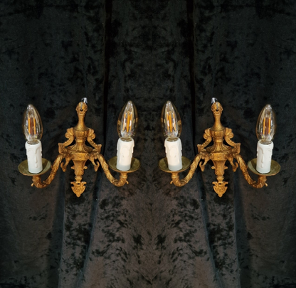 Lovely Pair of Vintage Gilded Spelter 2 Arm Wall Lights Sconces