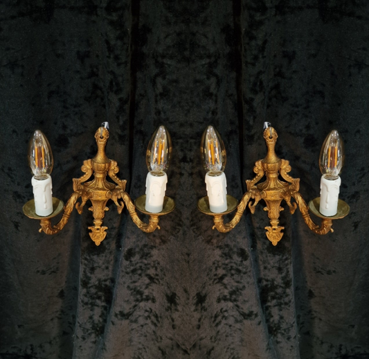 Lovely Pair of Vintage Gilded Spelter 2 Arm Wall Lights Sconces