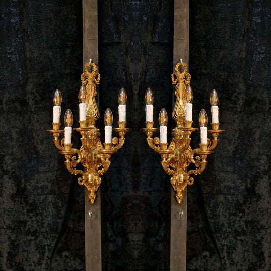 Exceptional Large Pair of Heavy Vintage Brass Italian 5 Arm Wall Lights Sconces