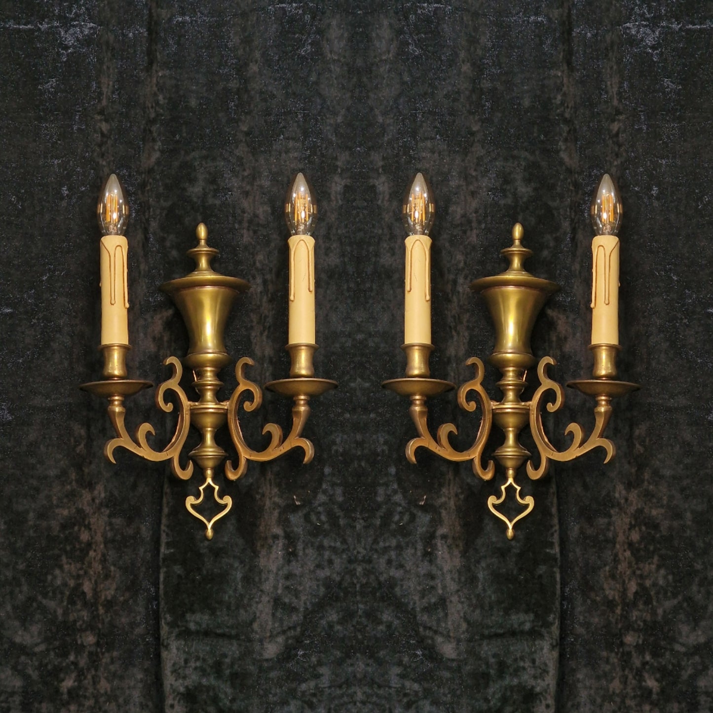 Superb Pair Antique French 2 Arm Solid Brass Gothic Style Wall Lights Sconces