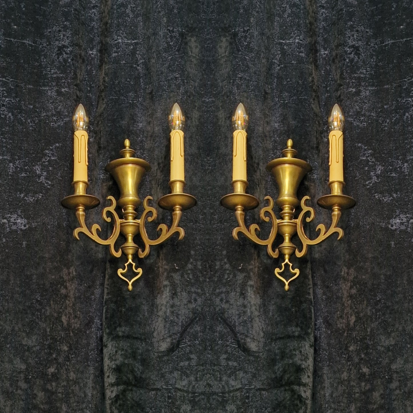 Superb Pair Antique French 2 Arm Solid Brass Gothic Style Wall Lights Sconces