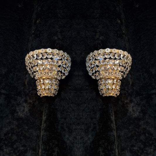 Gorgeous Pair Vintage French Crystal and Brass 1 Light Wall Lights Sconces