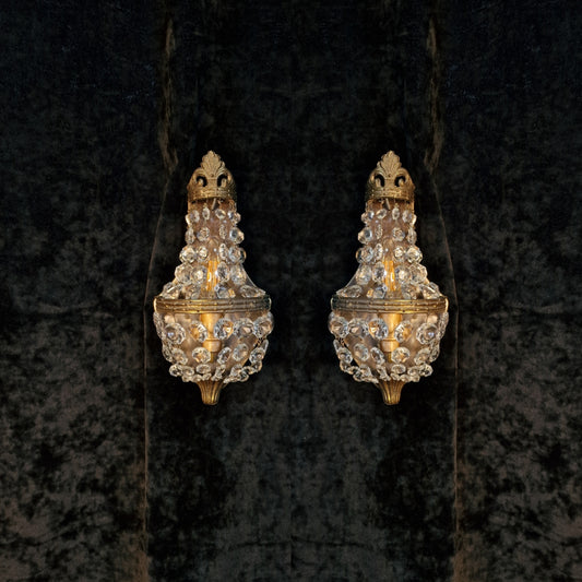 Traditional Pair Vintage French 1 Light Crystal Brass Wall Lights Wall Sconces