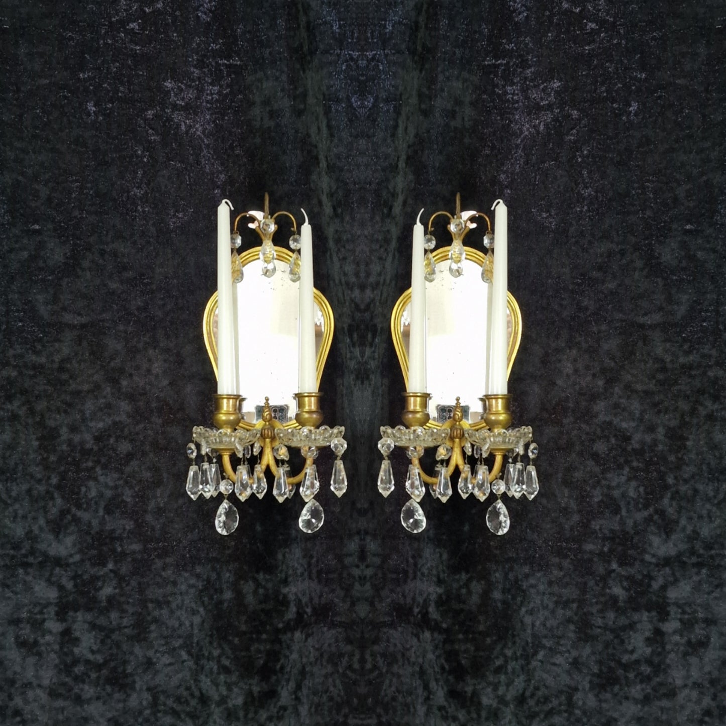 Gorgeous Pair Antique French 2 Arm Brass Crystal Candle Mirror Wall Sconces