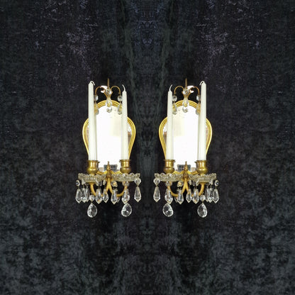 Gorgeous Pair Antique French 2 Arm Brass Crystal Candle Mirror Wall Sconces