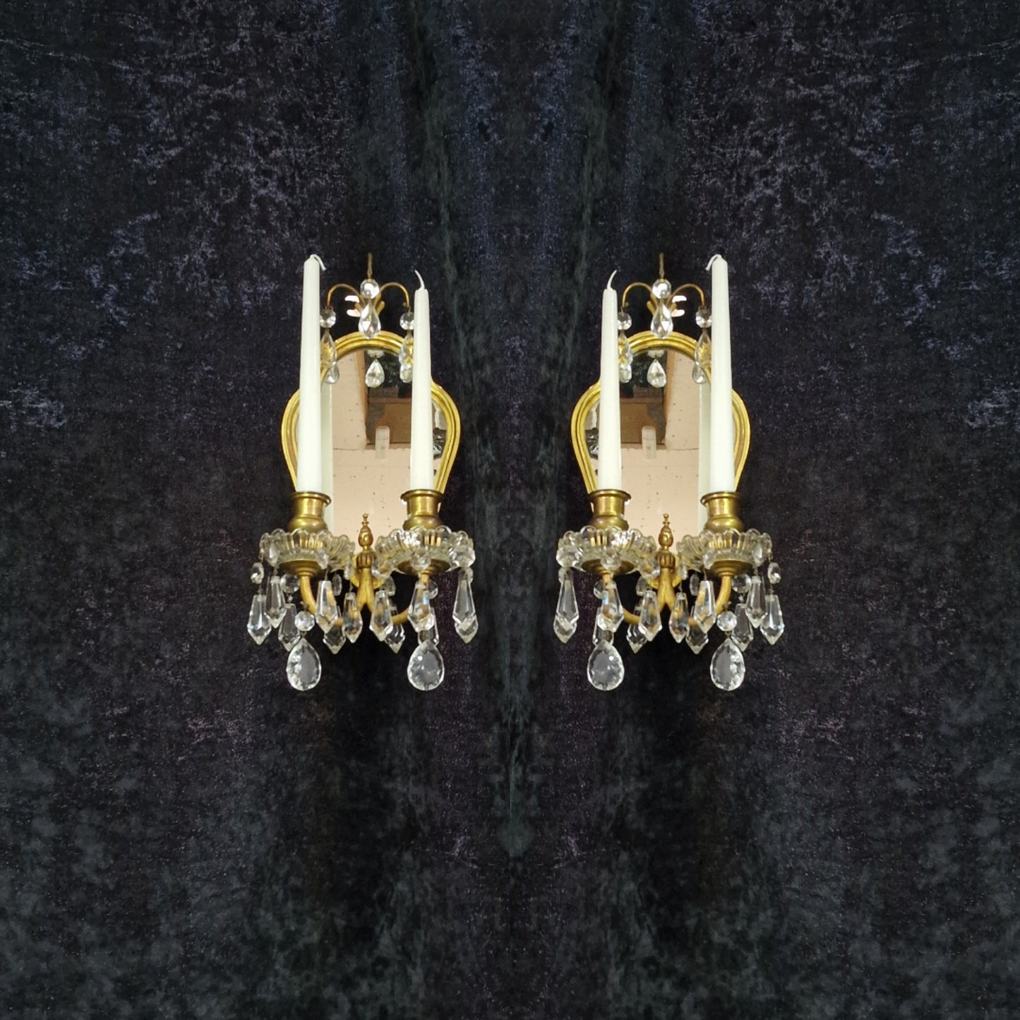 Gorgeous Pair Antique French 2 Arm Brass Crystal Candle Mirror Wall Sconces