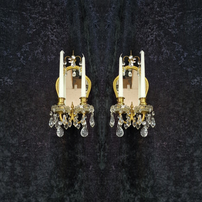 Gorgeous Pair Antique French 2 Arm Brass Crystal Candle Mirror Wall Sconces