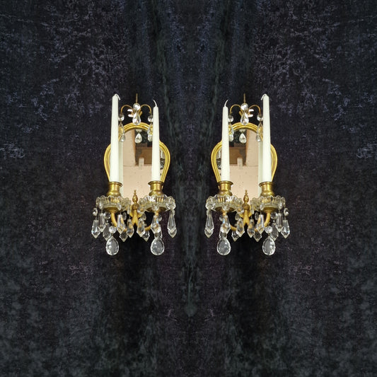 Gorgeous Pair Antique French 2 Arm Brass Crystal Candle Mirror Wall Sconces