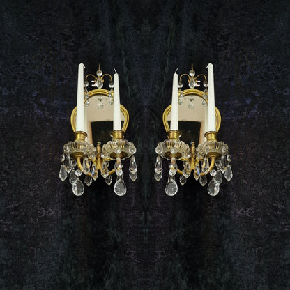 Gorgeous Pair Antique French 2 Arm Brass Crystal Candle Mirror Wall Sconces