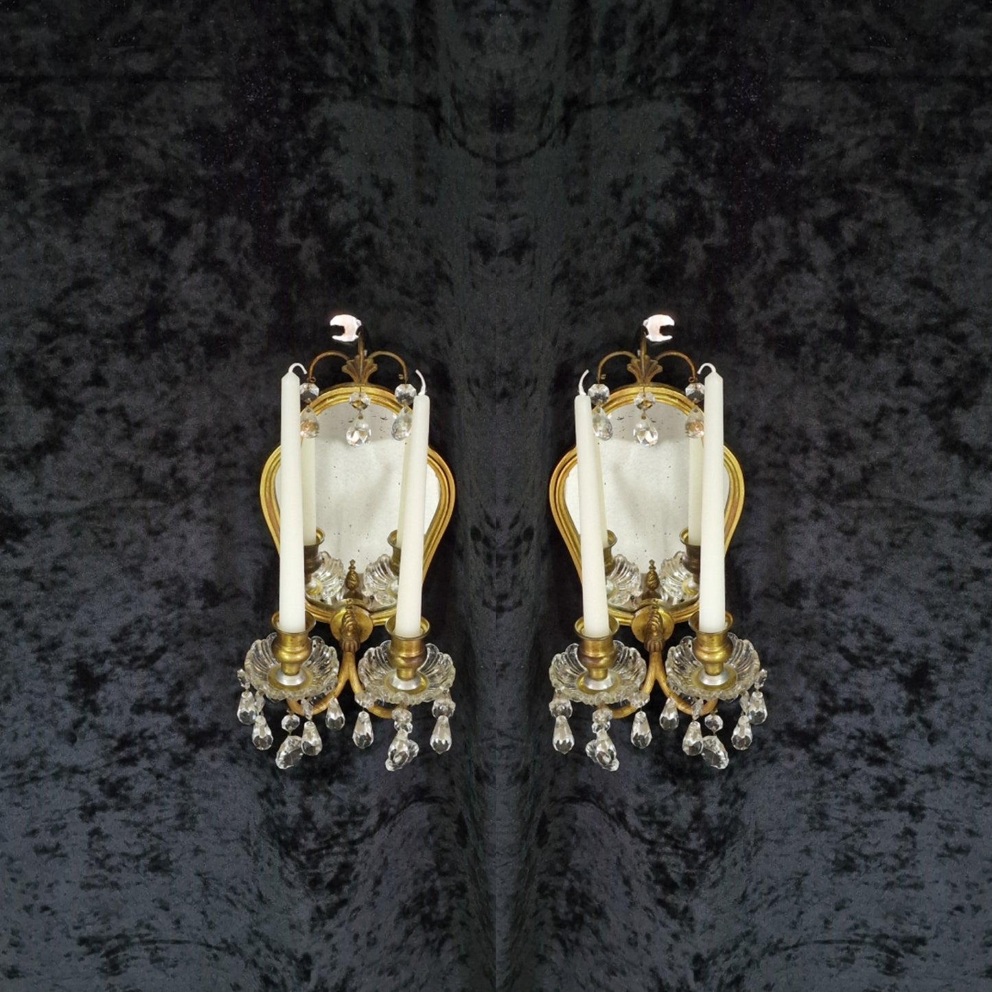 Gorgeous Pair Antique French 2 Arm Brass Crystal Candle Mirror Wall Sconces
