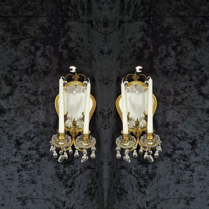 Gorgeous Pair Antique French 2 Arm Brass Crystal Candle Mirror Wall Sconces