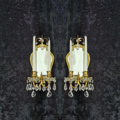 Gorgeous Pair Antique French 2 Arm Brass Crystal Candle Mirror Wall Sconces