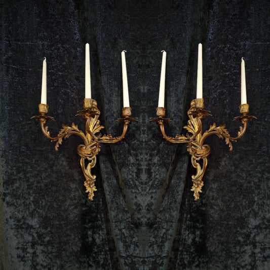 Stunning Large Pair Antique French Solid Brass Rococo Style Candle Wall Sconces