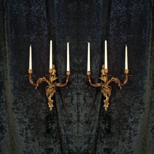 Stunning Large Pair Antique French Solid Brass Rococo Style Candle Wall Sconces