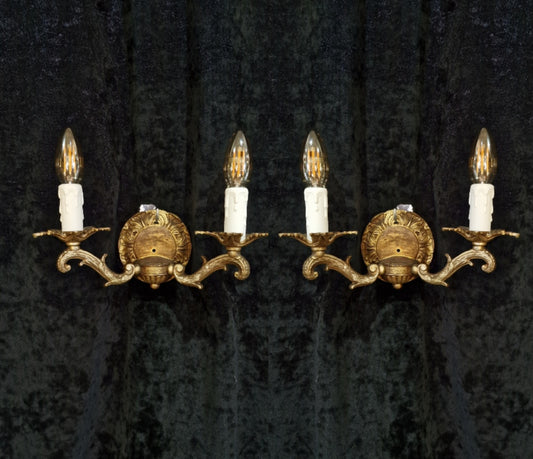 Decorative Pair of Vintage French 2 Arm Brass Leaf Wall Lights Sconces