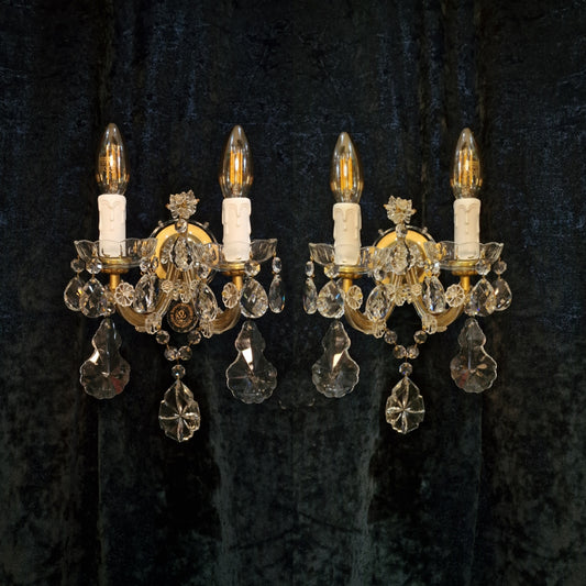 Stunning Pair of Vintage Czech 2 Arm Brass Crystal All Glass Wall Lights Sconces