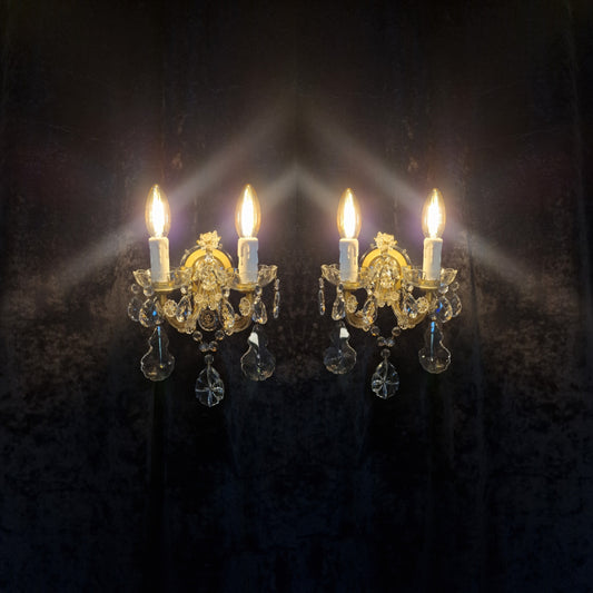 Stunning Pair of Vintage Czech 2 Arm Brass Crystal All Glass Wall Lights Sconces