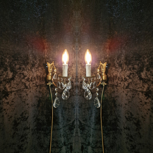 RESERVED Ornate Pair of Vintage Italian 1 Arm Brass Crystal Wall Lights Sconces Appliques