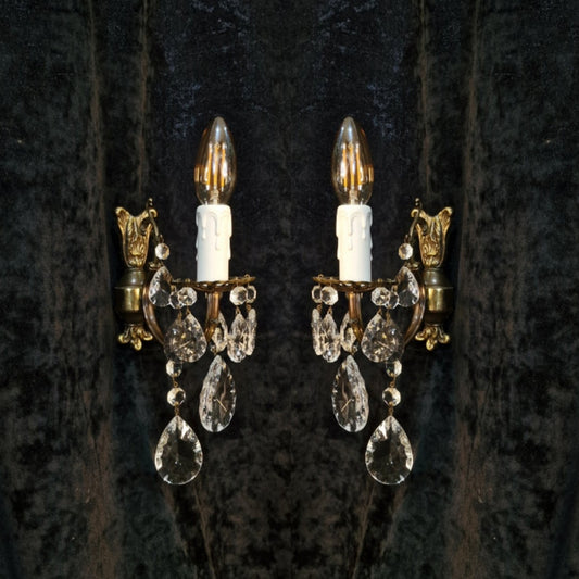 RESERVED Ornate Pair of Vintage Italian 1 Arm Brass Crystal Wall Lights Sconces Appliques