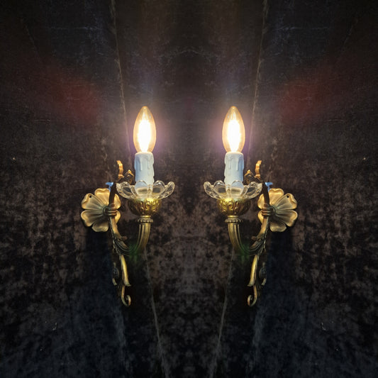 Traditional Pair of Antique French 1 Arm Solid Brass & Glass Wall Lights Sconces