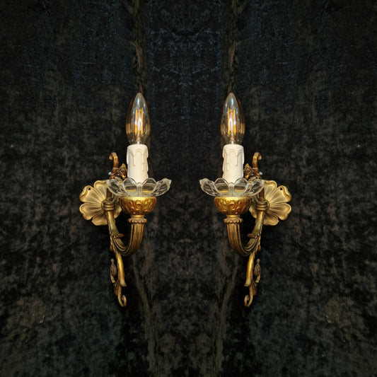 Traditional Pair of Antique French 1 Arm Solid Brass & Glass Wall Lights Sconces