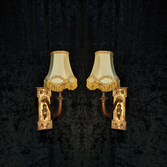 Unusual Antique Pair Victorian Gas 1 Arm Large Wall Lights Sconces with Shades