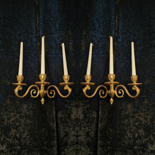 Gorgeous Pair of Antique French Heavy Solid Brass 3 Arm Candle Wall Sconces