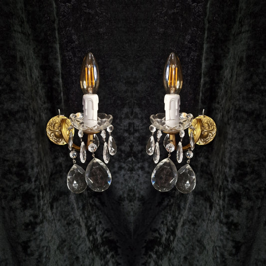 Lovely Small Decorative Pair of French 1 Arm Brass Crystal Wall Lights Sconces