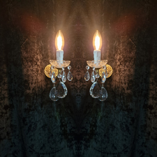 Lovely Small Decorative Pair of French 1 Arm Brass Crystal Wall Lights Sconces