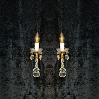 Lovely Pair of Vintage French Leaf Brass Crystal 1 Arm Wall Lights Sconces
