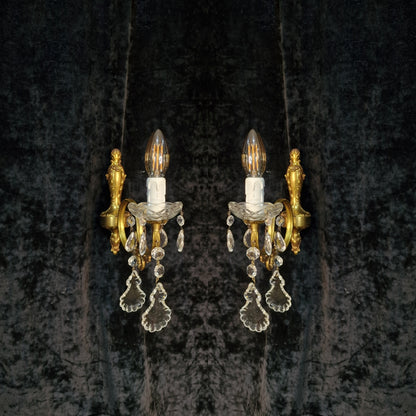 Lovely Pair of Vintage French Leaf Brass Crystal 1 Arm Wall Lights Sconces