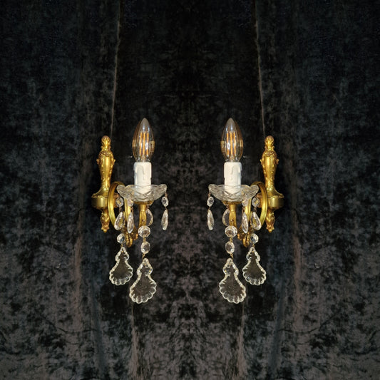 Lovely Pair of Vintage French Leaf Brass Crystal 1 Arm Wall Lights Sconces