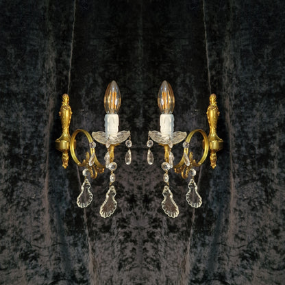 Lovely Pair of Vintage French Leaf Brass Crystal 1 Arm Wall Lights Sconces