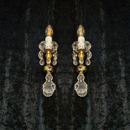 Lovely Pair of Vintage French Leaf Brass Crystal 1 Arm Wall Lights Sconces