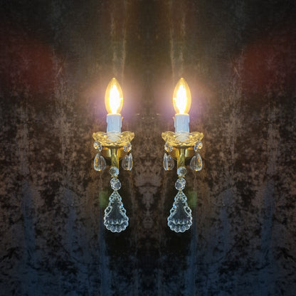 Lovely Pair of Vintage French Leaf Brass Crystal 1 Arm Wall Lights Sconces