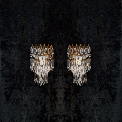 RESERVED Stunning Pair of Vintage Italian 1 Light Brass Triangle Crystal Wall Sconces