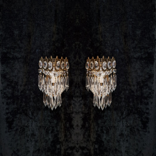 RESERVED Stunning Pair of Vintage Italian 1 Light Brass Triangle Crystal Wall Sconces