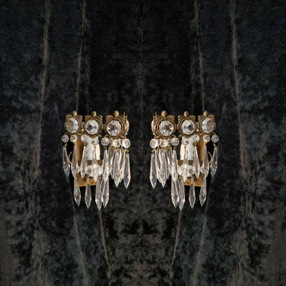 RESERVED Stunning Pair of Vintage Italian 1 Light Brass Triangle Crystal Wall Sconces