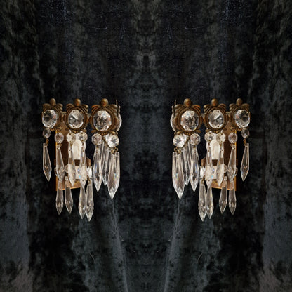 RESERVED Stunning Pair of Vintage Italian 1 Light Brass Triangle Crystal Wall Sconces