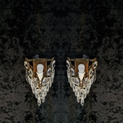 RESERVED Stunning Pair of Vintage Italian 1 Light Brass Triangle Crystal Wall Sconces