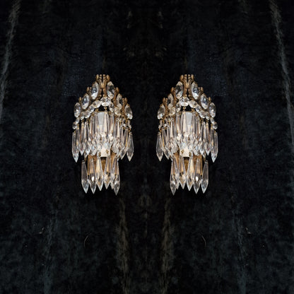 RESERVED Stunning Pair of Vintage Italian 1 Light Brass Triangle Crystal Wall Sconces