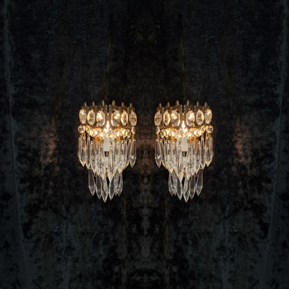 RESERVED Stunning Pair of Vintage Italian 1 Light Brass Triangle Crystal Wall Sconces