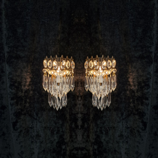 RESERVED Stunning Pair of Vintage Italian 1 Light Brass Triangle Crystal Wall Sconces