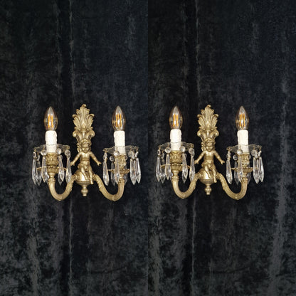 Traditional Pair Heavy Vintage French Silvered 2 Arm Cherub Sconces Wall Lights