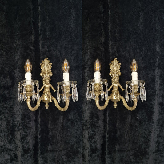 Traditional Pair Heavy Vintage French Silvered 2 Arm Cherub Sconces Wall Lights